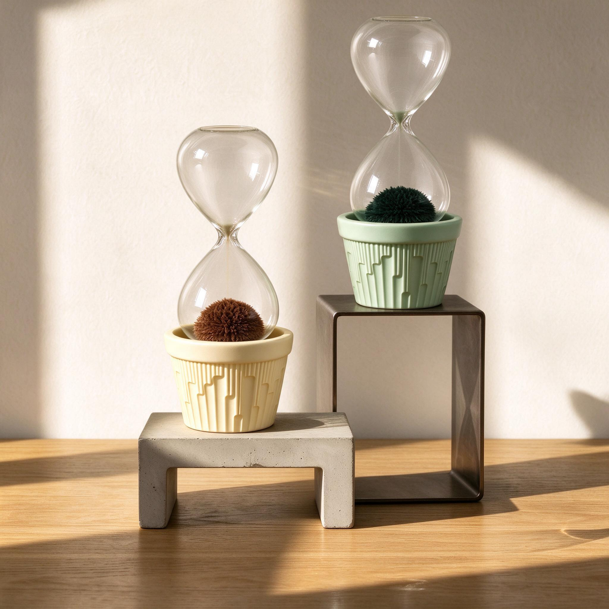 Yellow and green magnetic hourglasses on display stands