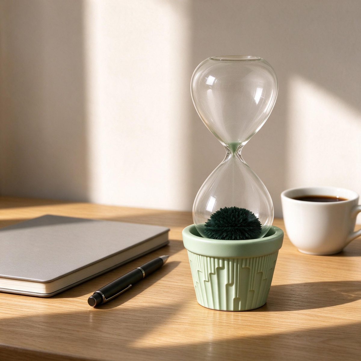 Green magnetic hourglass on a desk with a notebook and coffee