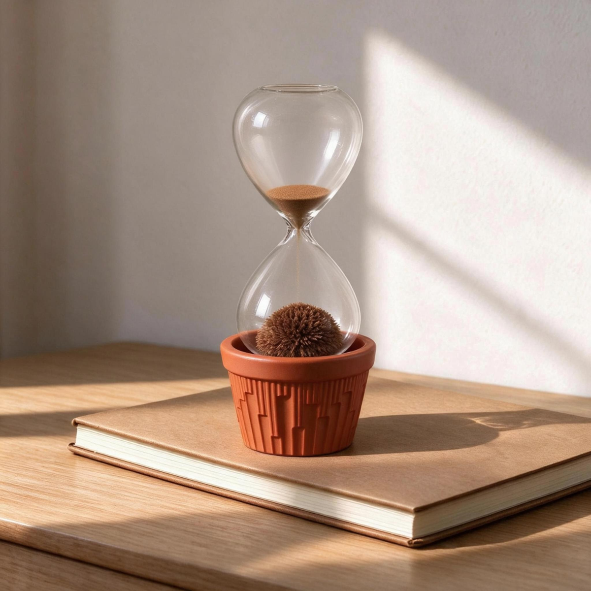 Terracotta magnetic hourglass on a book, sand running through
